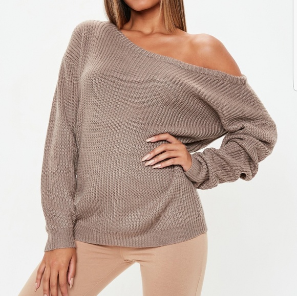Missguided Sweaters - Missguided Brown Off the Shoulder Sweater
